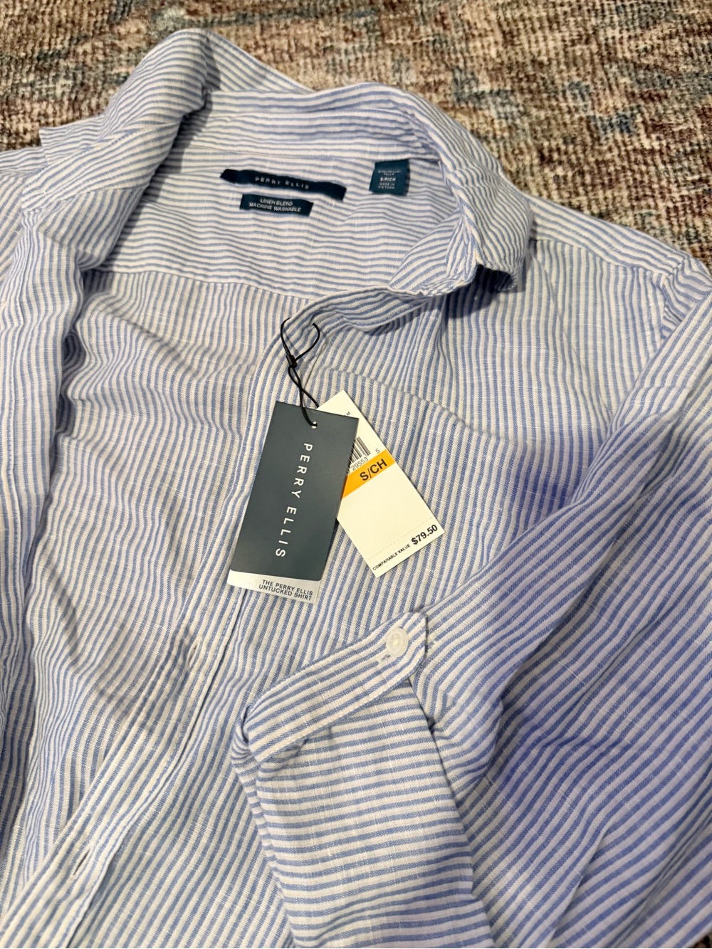 Perry Ellis Blue and White Striped Casual Button-Down Shirt - Picture 2 of 5